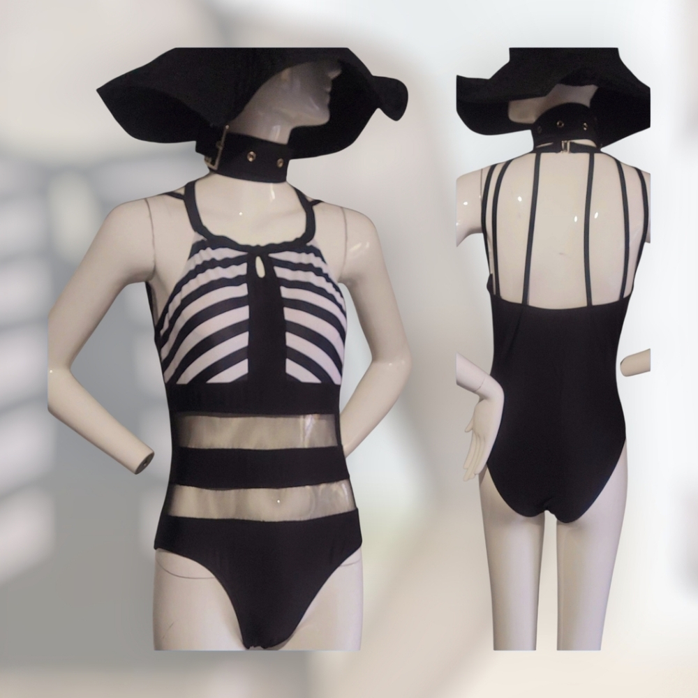 Chic Black and White Striped Swimsuit